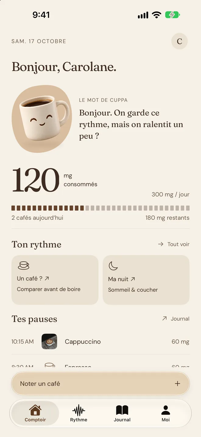 Écran Comptoir de Caffio : dose du jour, jauge et mot de Cuppa