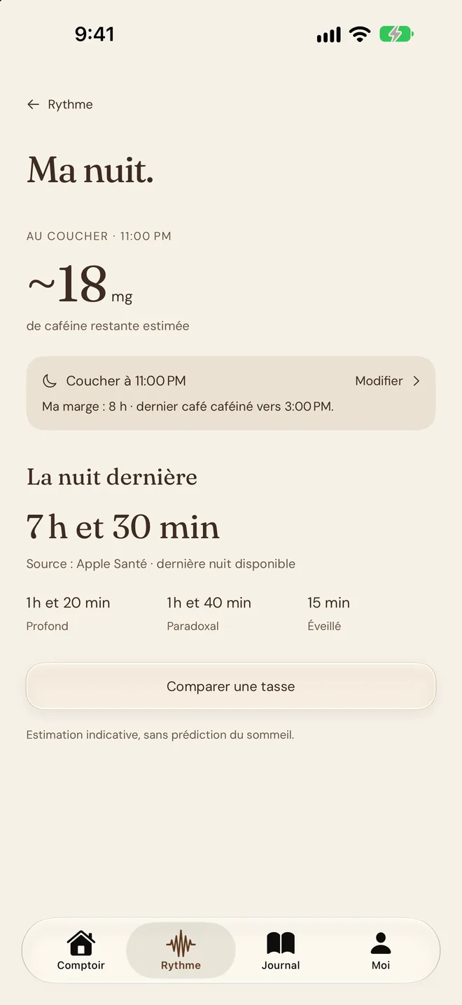 Écran Ma nuit : caféine restante au coucher et sommeil lu dans Apple Santé
